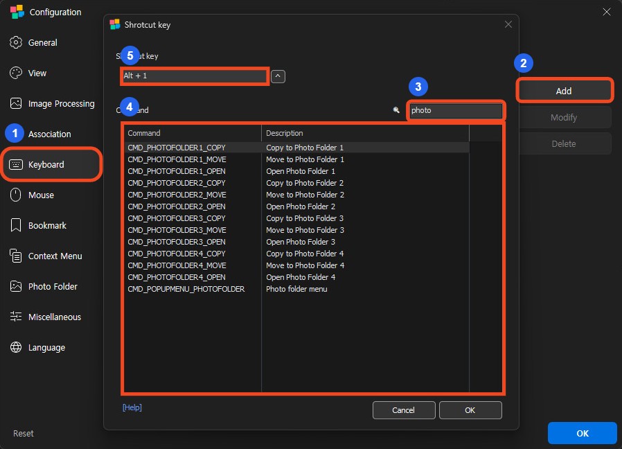 Steps to add a shortcut: select Keyboard, click Add, search for Photo, select a command, and enter a key combination